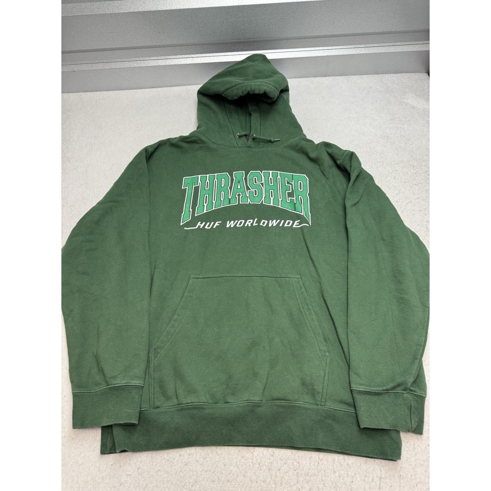 Thrasher HUF Hoodie Mens XL Green Pullover Fleece Skate Graphic Sweatshirt